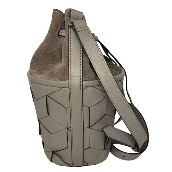 Welden Leather Bucket Bag Gray Crossbody Purse Geometric Weave Drawstring Medium - Picture 3 of 11